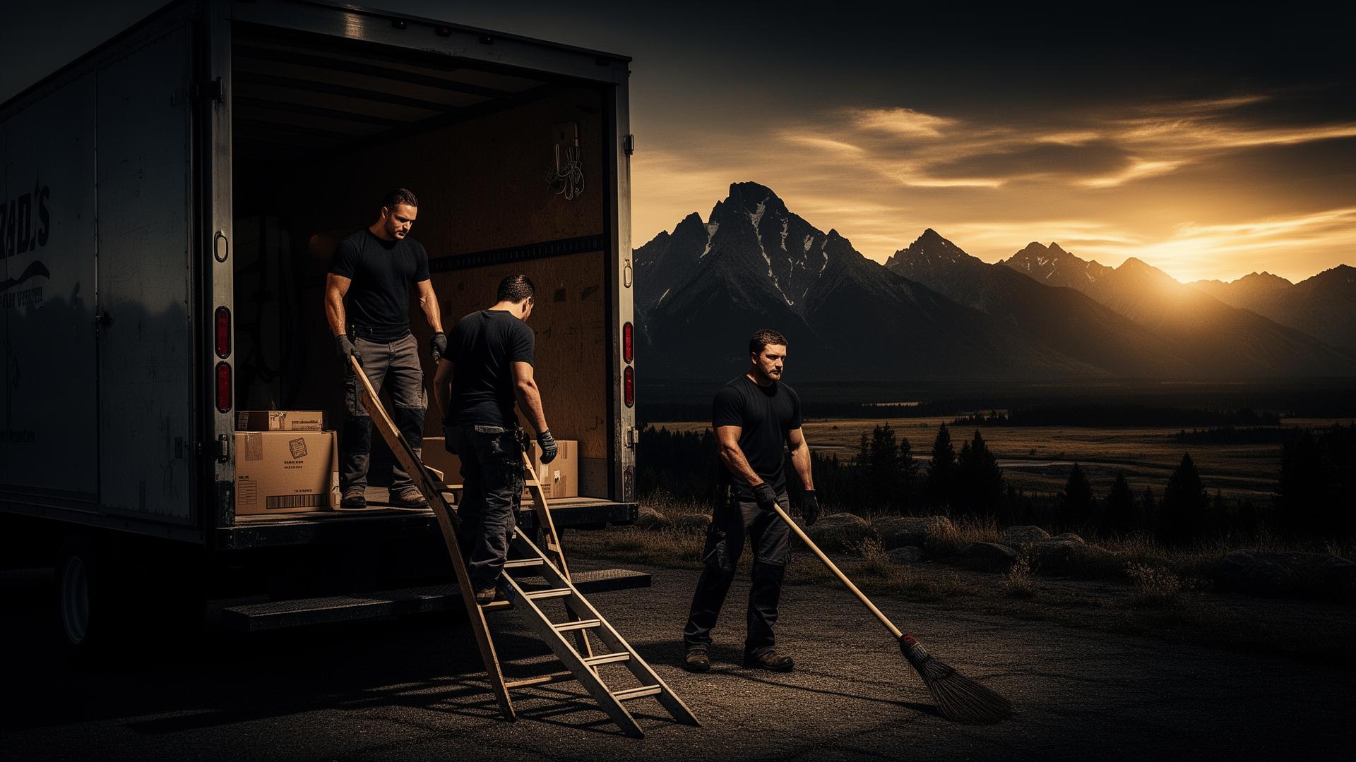 Beast Mode Moving crew loading a truck at sunset in Montana